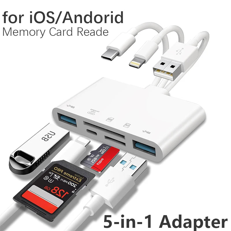 JSCC - 5 In 1 SD Card Reader USB HUB For iPhone iPad MacBook USB 3.0 Type C to SD TF Card Memory Reader Flash Drive OTG Adapter