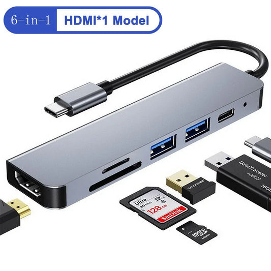 JSCC - 6 Ports USB C Hub to 4K HDMI-Compatible SD TF Card Reader Type C Charging Docking for MacBook iPad Samsung