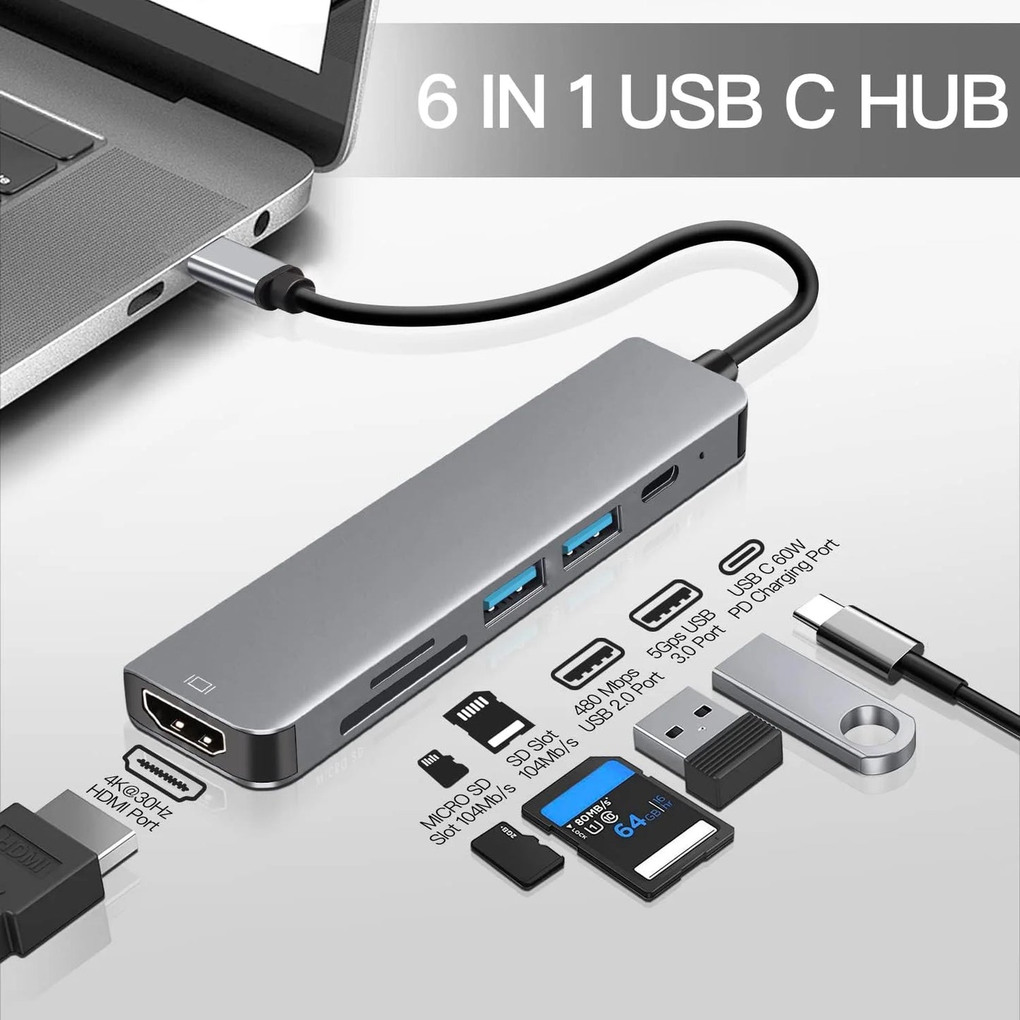 JSCC - 6 Ports USB C Hub to 4K HDMI-Compatible SD TF Card Reader Type C Charging Docking for MacBook iPad Samsung